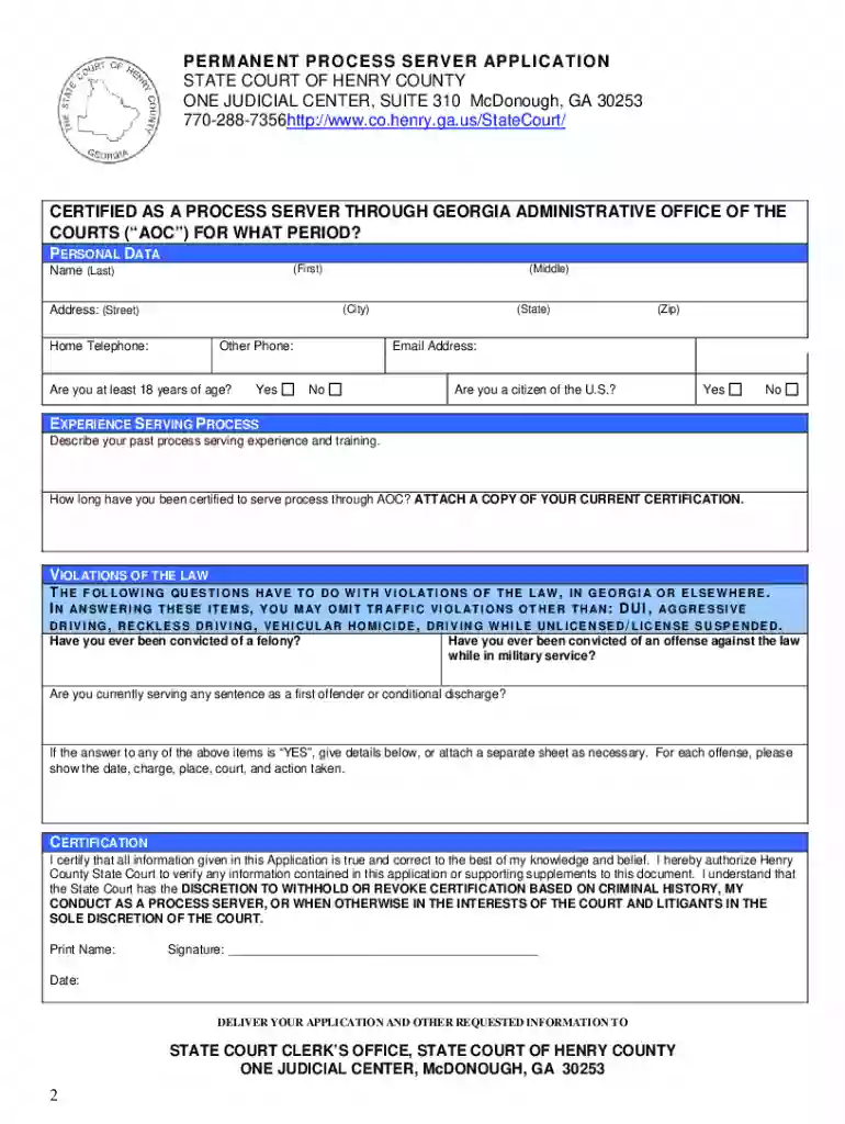State Court Process Server Application Packet - Henry County - co henry ga Preview on Page 1