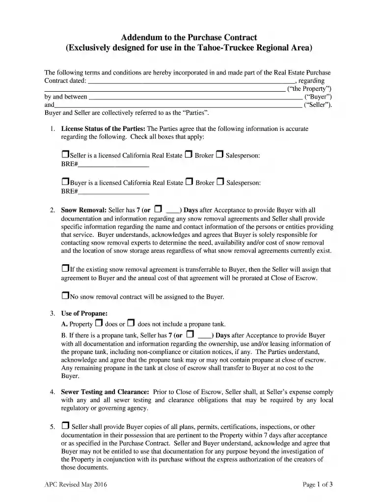 Tahoe-Truckee Area Addendum to the bPurchase Agreementb Preview on Page 1
