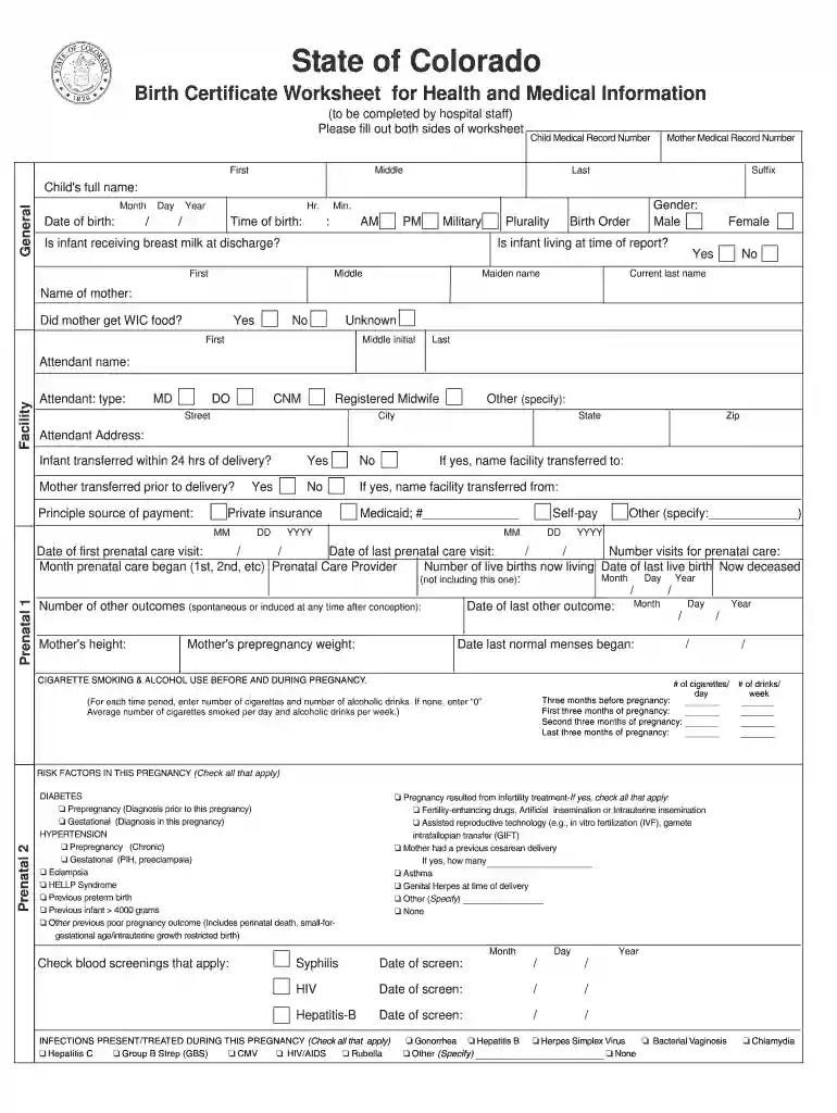 state of colorado birth certificate worksheet Preview on Page 1