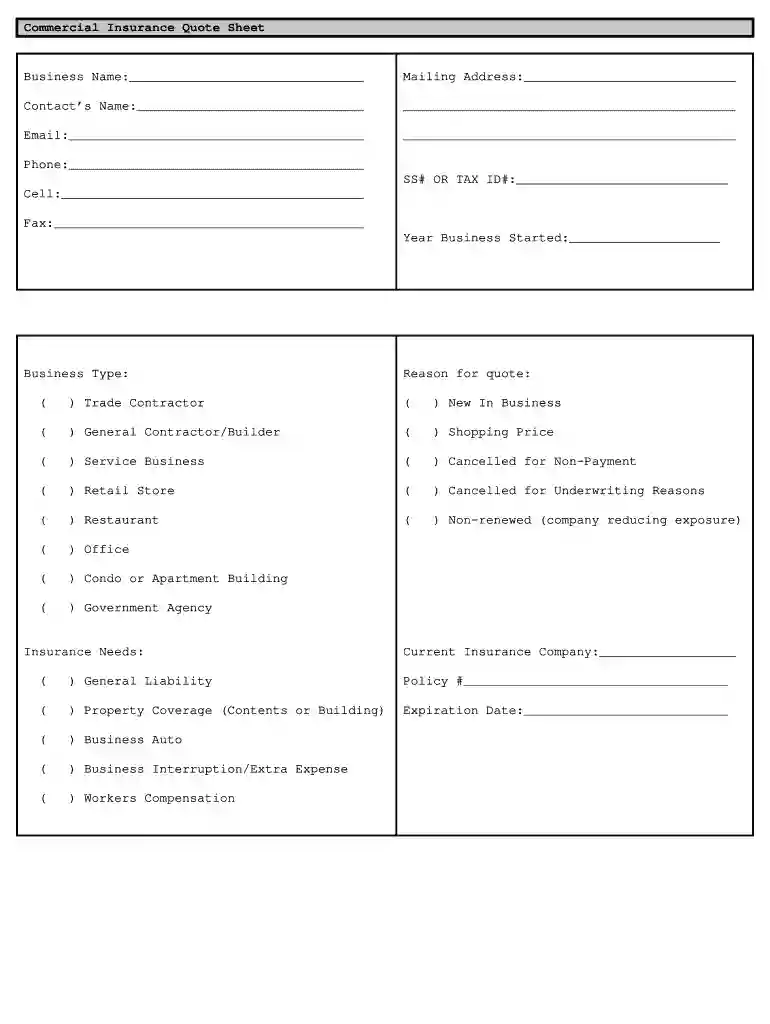 commercial insurance quote sheet template Preview on Page 1
