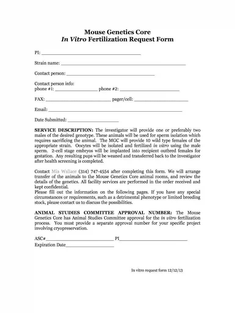 Mouse Genetics Core In Vitro Fertilization Request Form Preview on Page 1