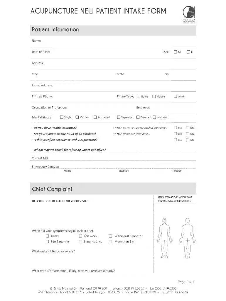 ACUPUNCTURE NEW PATIENT INTAKE FORM - bAsulab Preview on Page 1