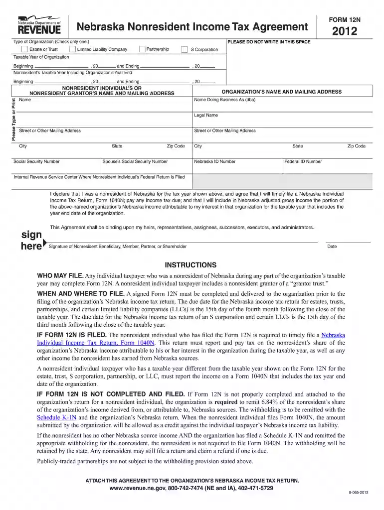 Form 12N - 2012 Nebraska Nonresident Income Tax Agreement Preview on Page 1