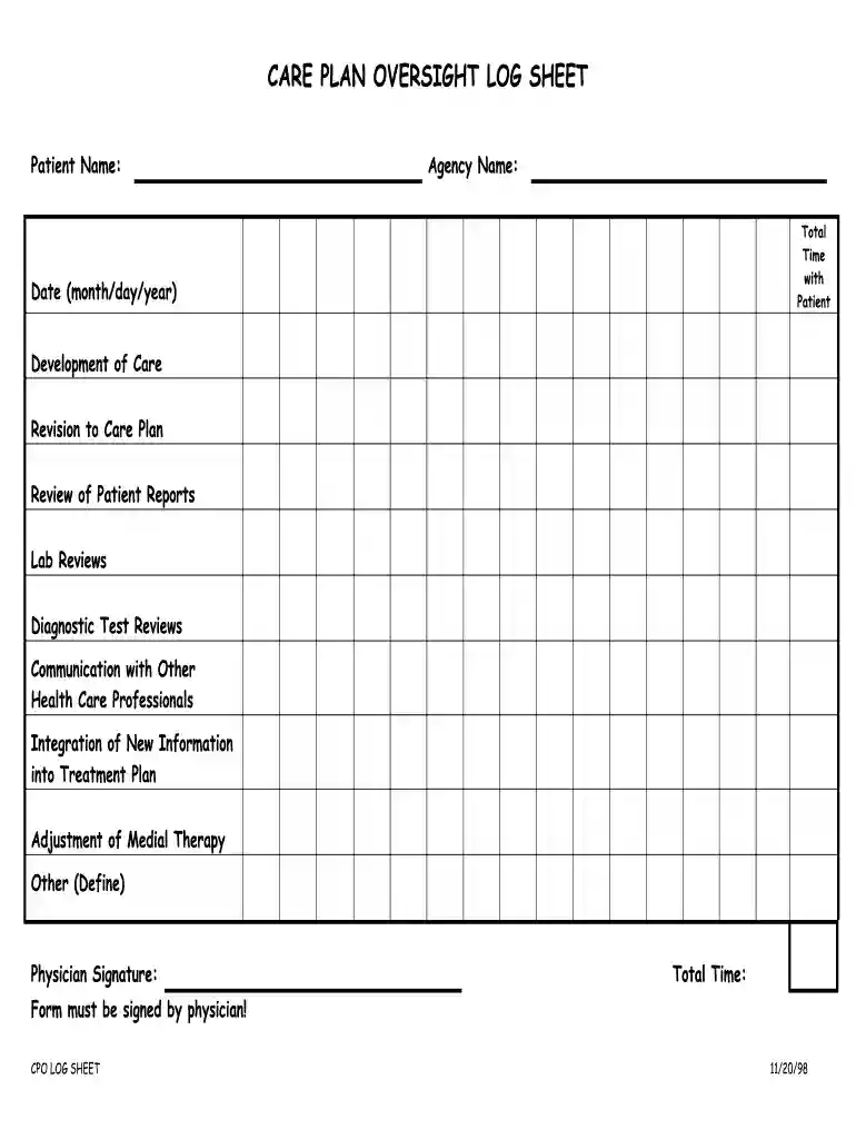 care plan oversight log sheet Preview on Page 1