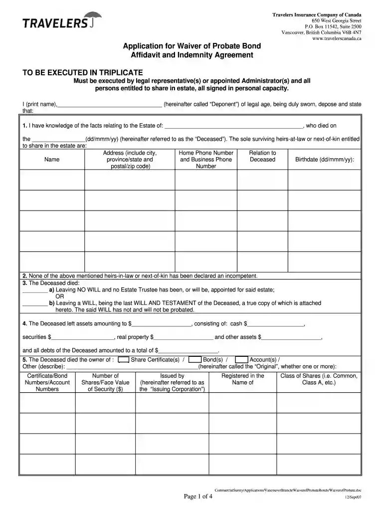 travelers insurance company of canada waiver of probate and agreement of indemnity Preview on Page 1