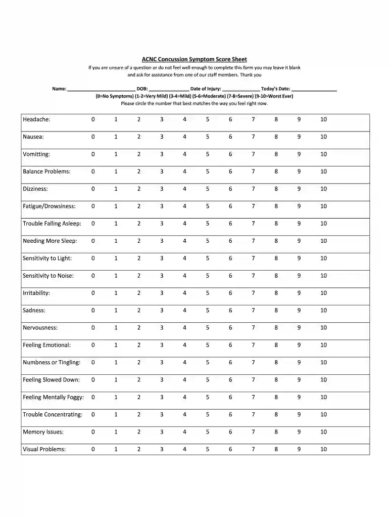 concussion symptom score sheet pdf Preview on Page 1