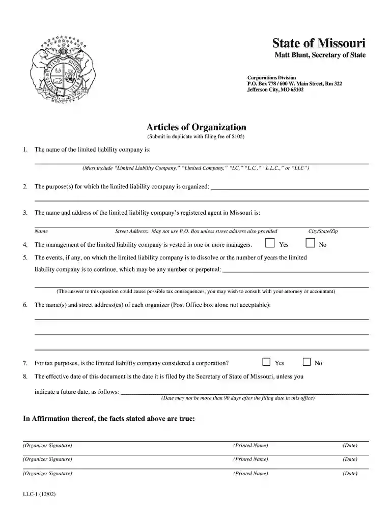 articles of organization missouri Preview on Page 1