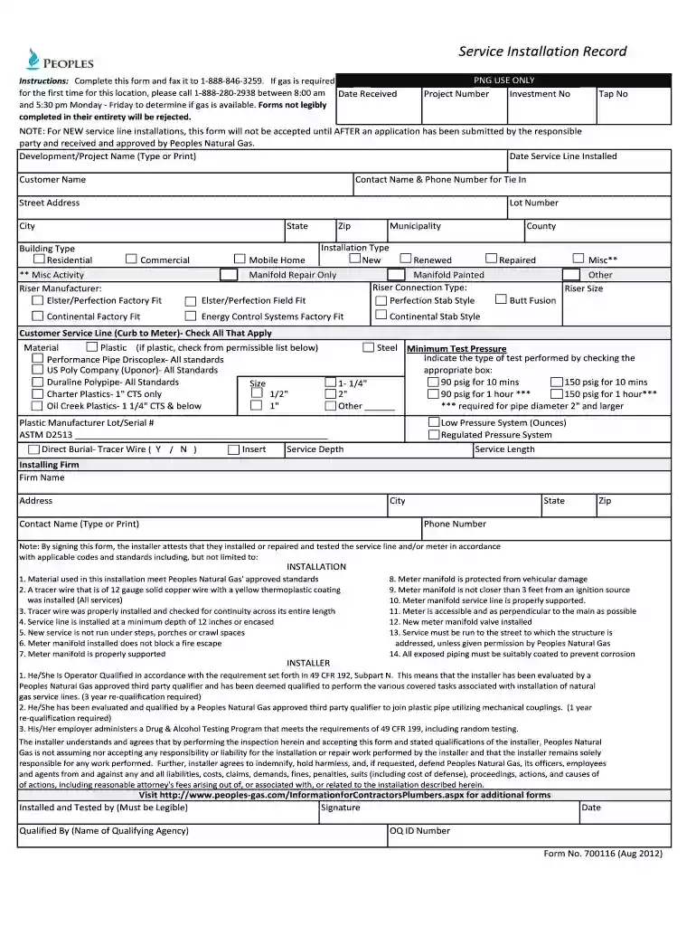 Form 700116 Service Installation Record Aug 2012 - Peoples ... Preview on Page 1