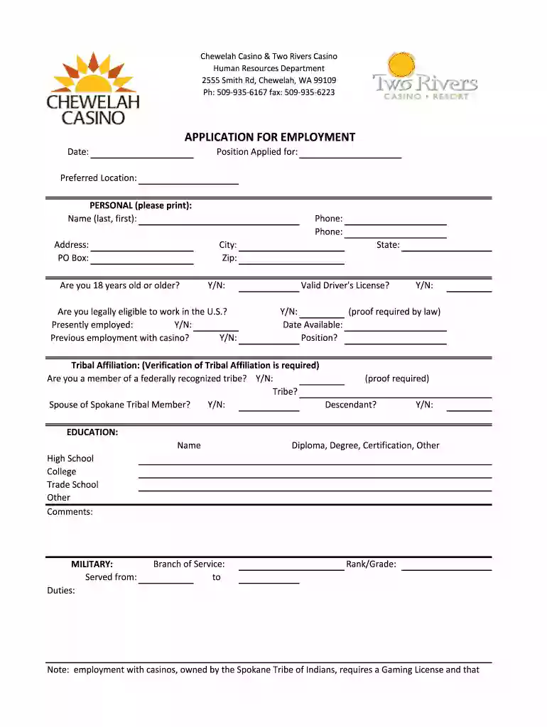 chewelah application employment form Preview on Page 1