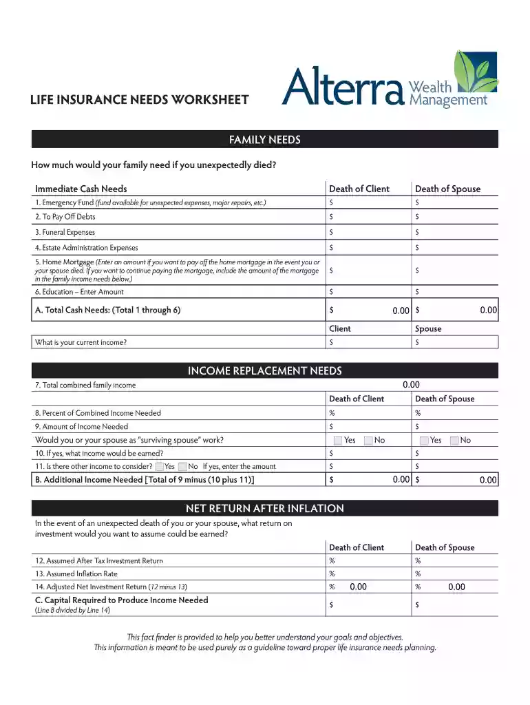 life insurance needs analysis worksheet Preview on Page 1