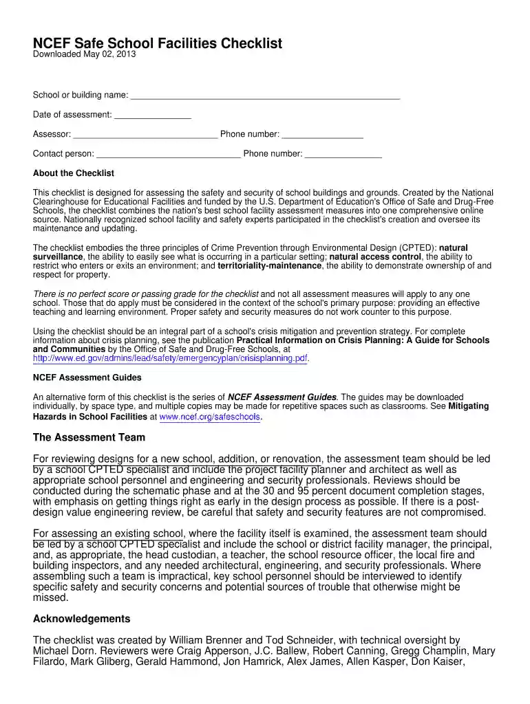 school facilities checklist pdf Preview on Page 1