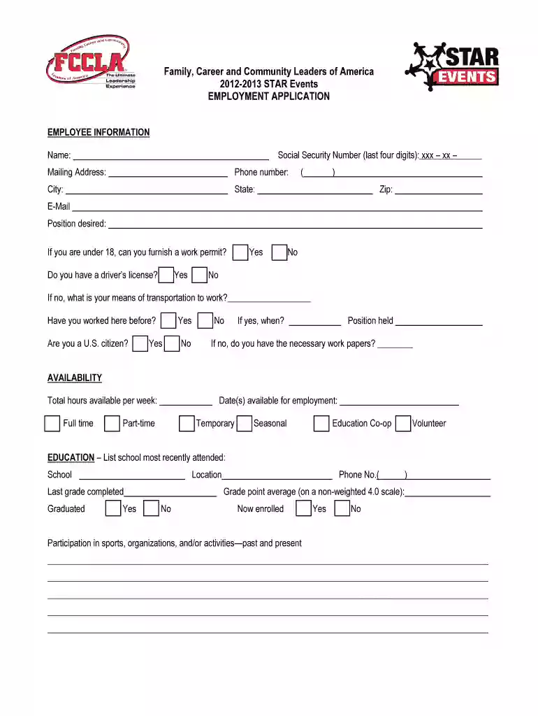 2012-13 Job Interview Application Form - Ohio FCCLA Preview on Page 1