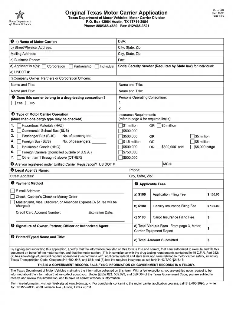txdmv form1899 2012 Preview on Page 1