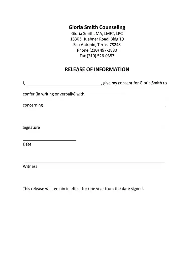 therapist release of information template Preview on Page 1