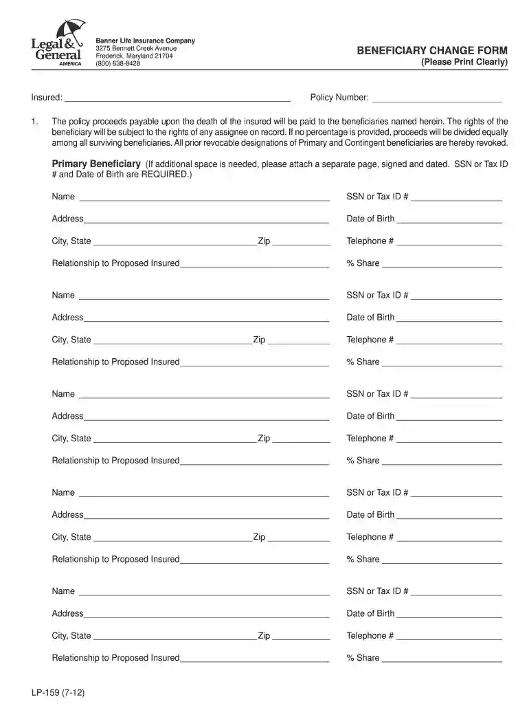 banner life insurance beneficiary change form Preview on Page 1
