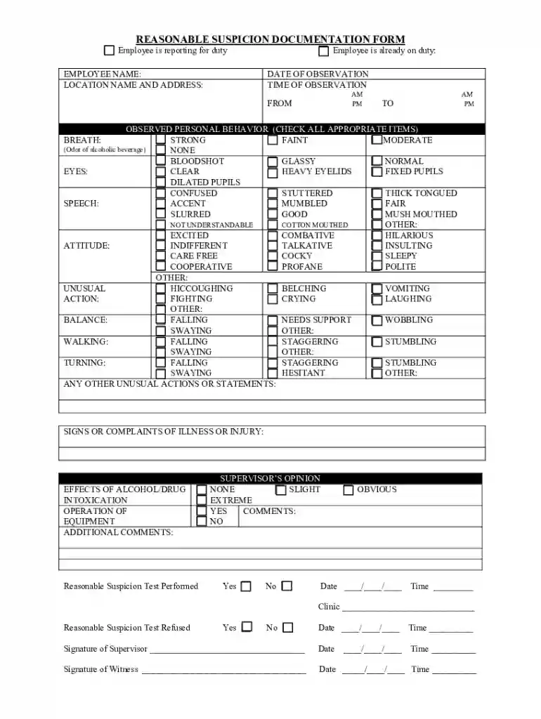 reasonable suspicion documentation form Preview on Page 1