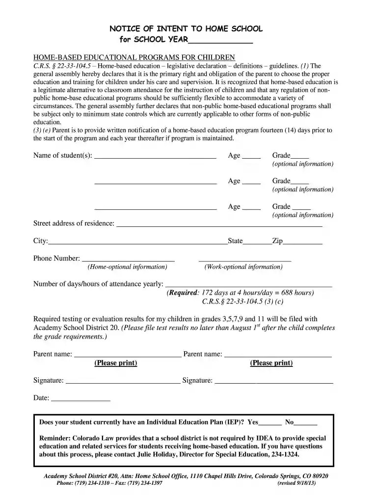 letter of intent to homeschool colorado Preview on Page 1