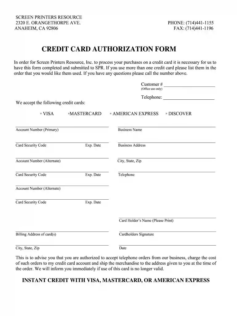 card authorization form Preview on Page 1
