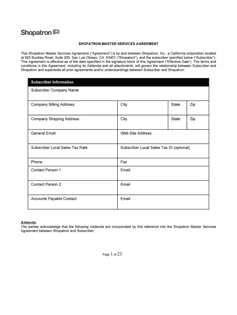 SHOPATRON MASTER SERVICES AGREEMENT Preview on Page 1