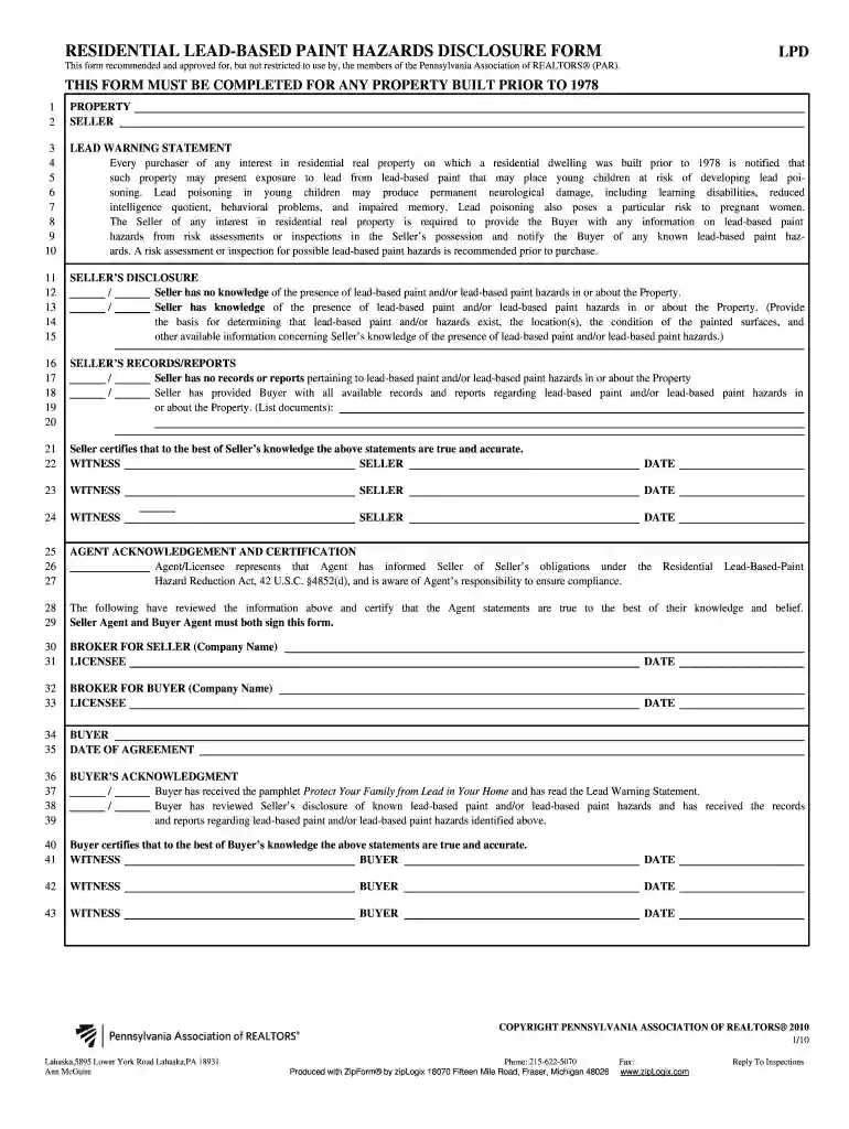 lead based paint disclosure form pa Preview on Page 1