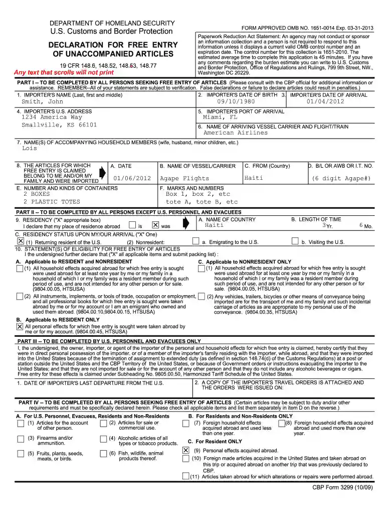 cbp form 3299 Preview on Page 1