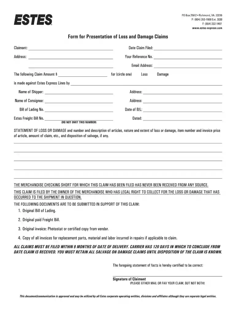 estes claim form Preview on Page 1
