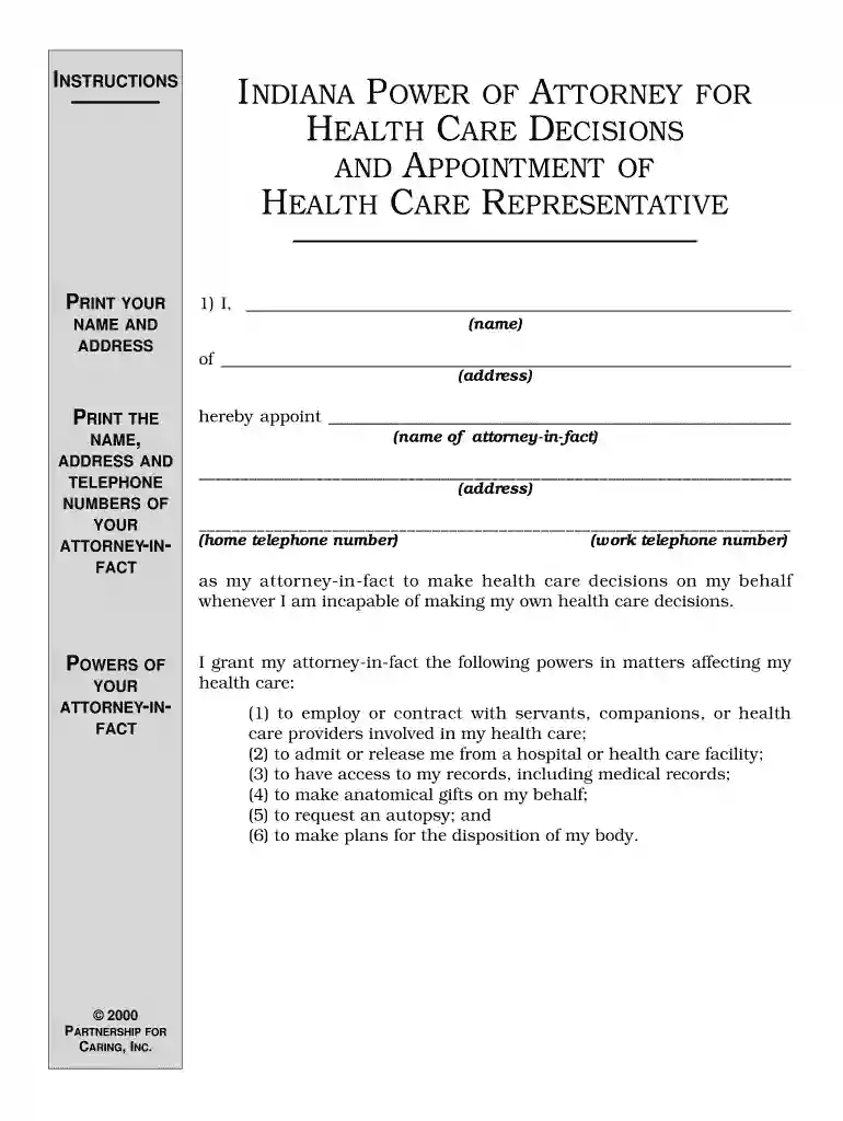 INSTRUCTIONS INDIANA POWER OF ATTORNEY FOR HEALTH CARE DECISIONS AND APPOINTMENT OF HEALTH CARE REPR Preview on Page 1