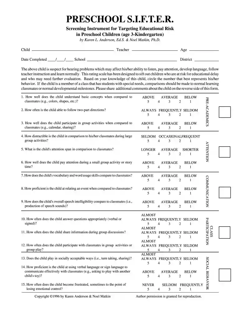 s i f t e r questionnaire Preview on Page 1