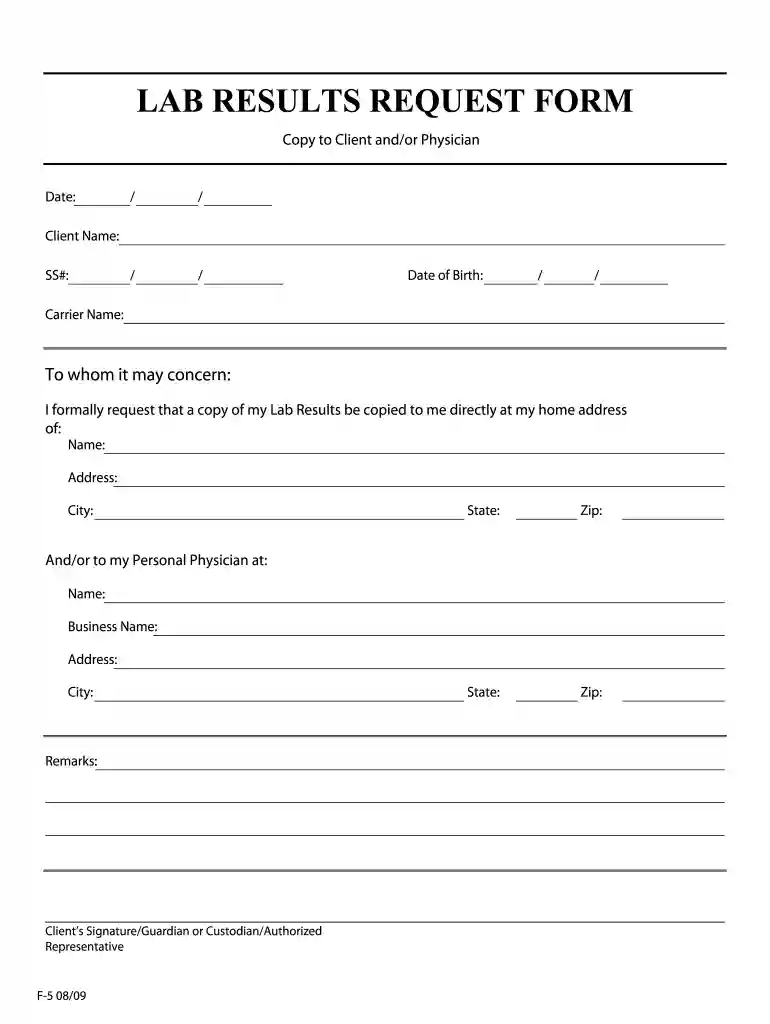 LAB RESULTS REQUEST FORM Preview on Page 1