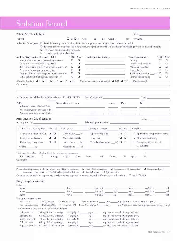 dental sedation record form Preview on Page 1