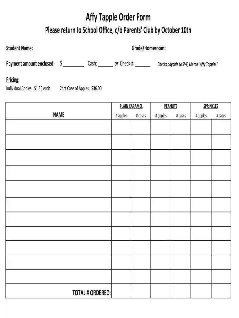 affy tapple order form Preview on Page 1