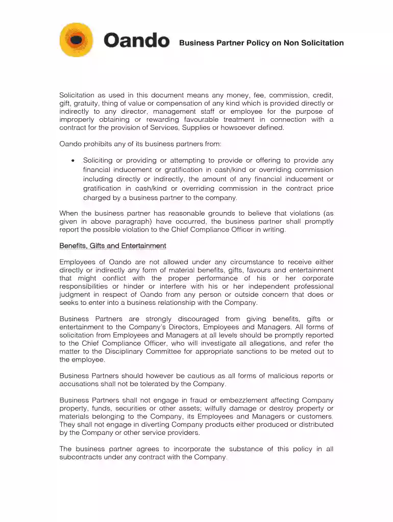 Business Partner Policy on Non Solicitation - Oando PLC Preview on Page 1