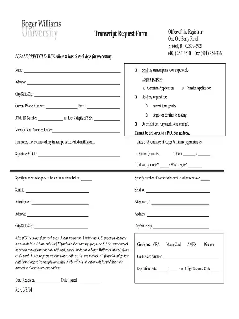 roger williams university transcript request Preview on Page 1