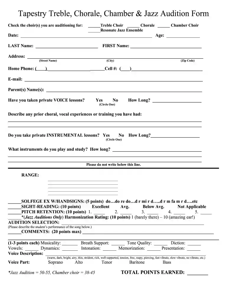 choir audition form Preview on Page 1