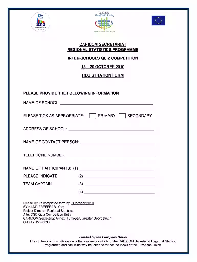 registration form for quiz competition Preview on Page 1