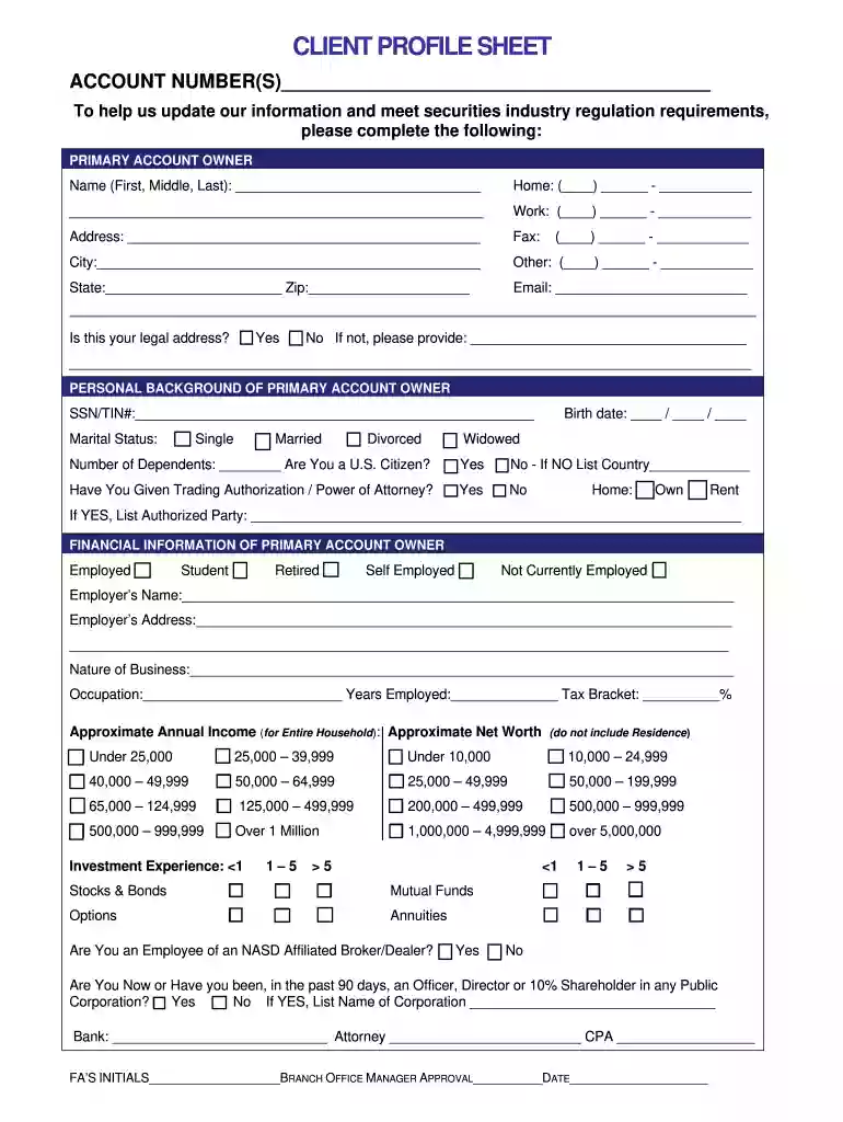 financial advisor client information sheet Preview on Page 1