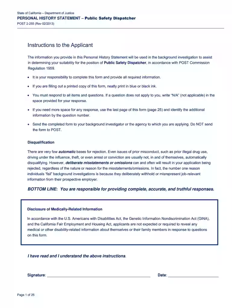 personal history statement public safety dispatcher 2013 form Preview on Page 1