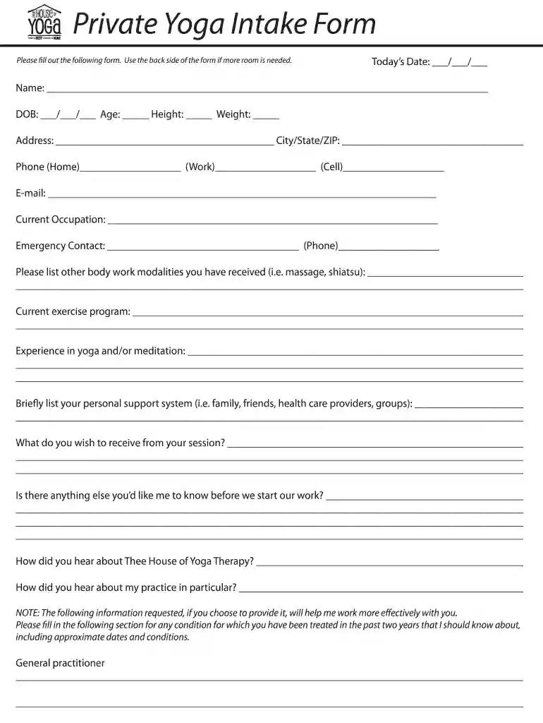 yoga intake form template Preview on Page 1