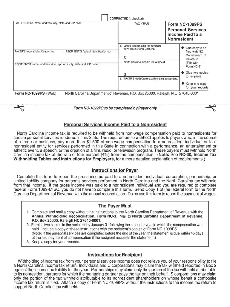 Form NC-1099PS Personal Services Income Paid to a Nonresident Preview on Page 1