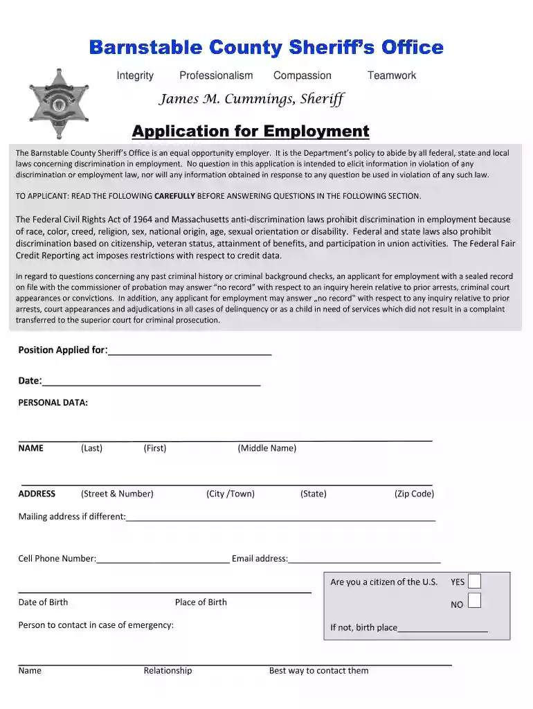 View Employment Application pdf - Berkshire County Sheriff's Office Preview on Page 1
