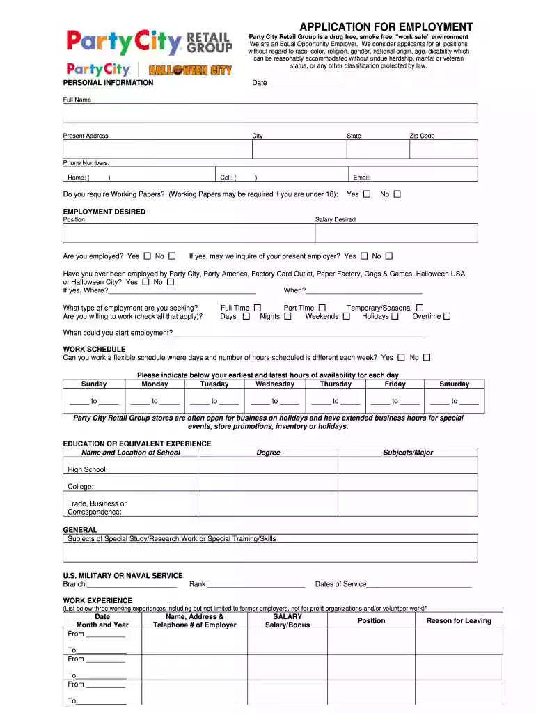 party city application pdf Preview on Page 1