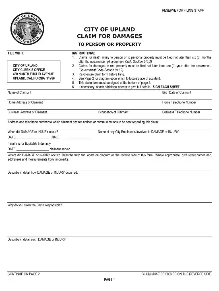 ca claim city upland form Preview on Page 1