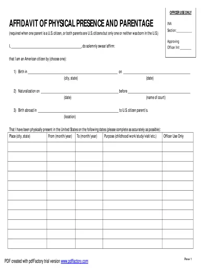affidavit of physical presence sample Preview on Page 1