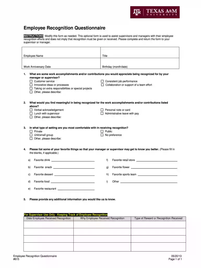 employee recognition questionnaire pdf Preview on Page 1