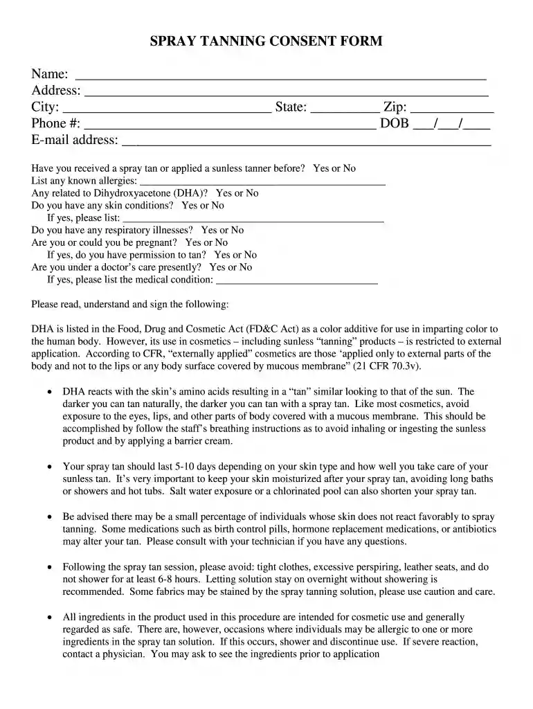 spray tan consent form Preview on Page 1