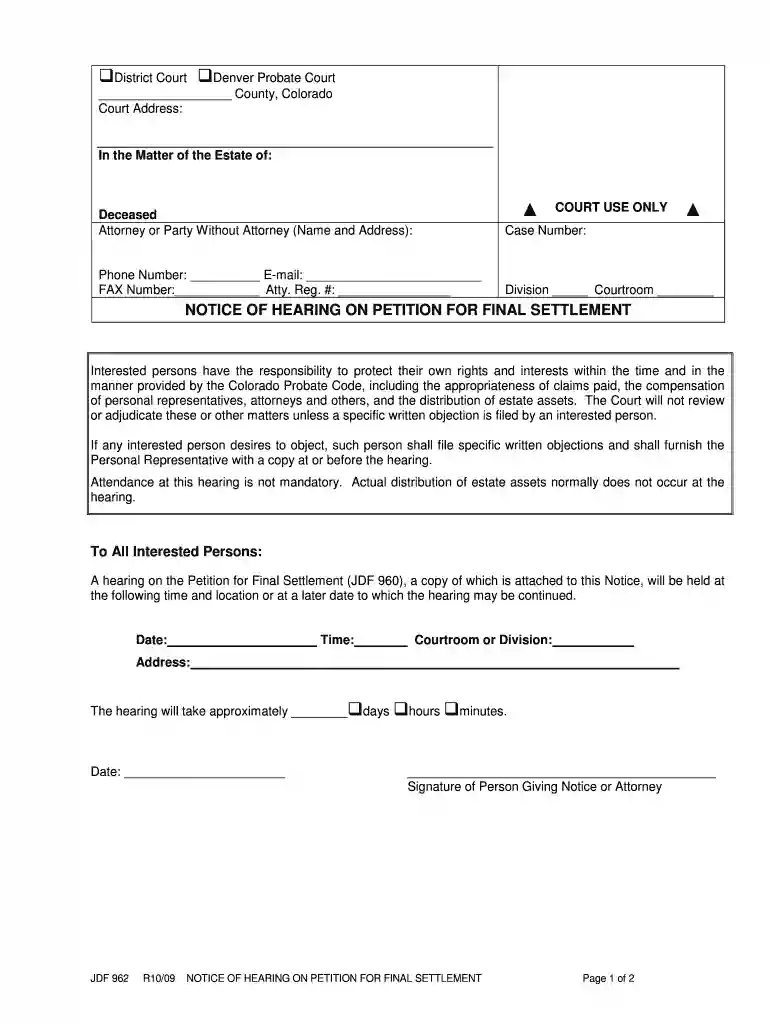 NOTICE OF HEARING ON PETITION FOR FINAL SETTLEMENT - courts state co Preview on Page 1