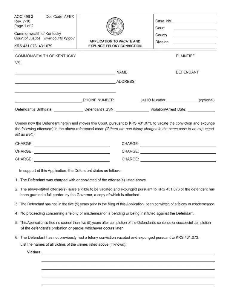 kentucky vacate form Preview on Page 1
