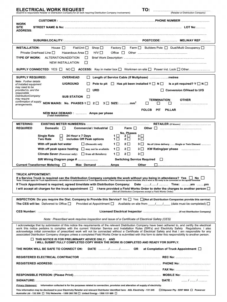 2004 electrical works request form download printable Preview on Page 1