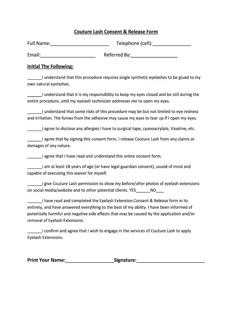 free printable eyelash extension waiver form Preview on Page 1
