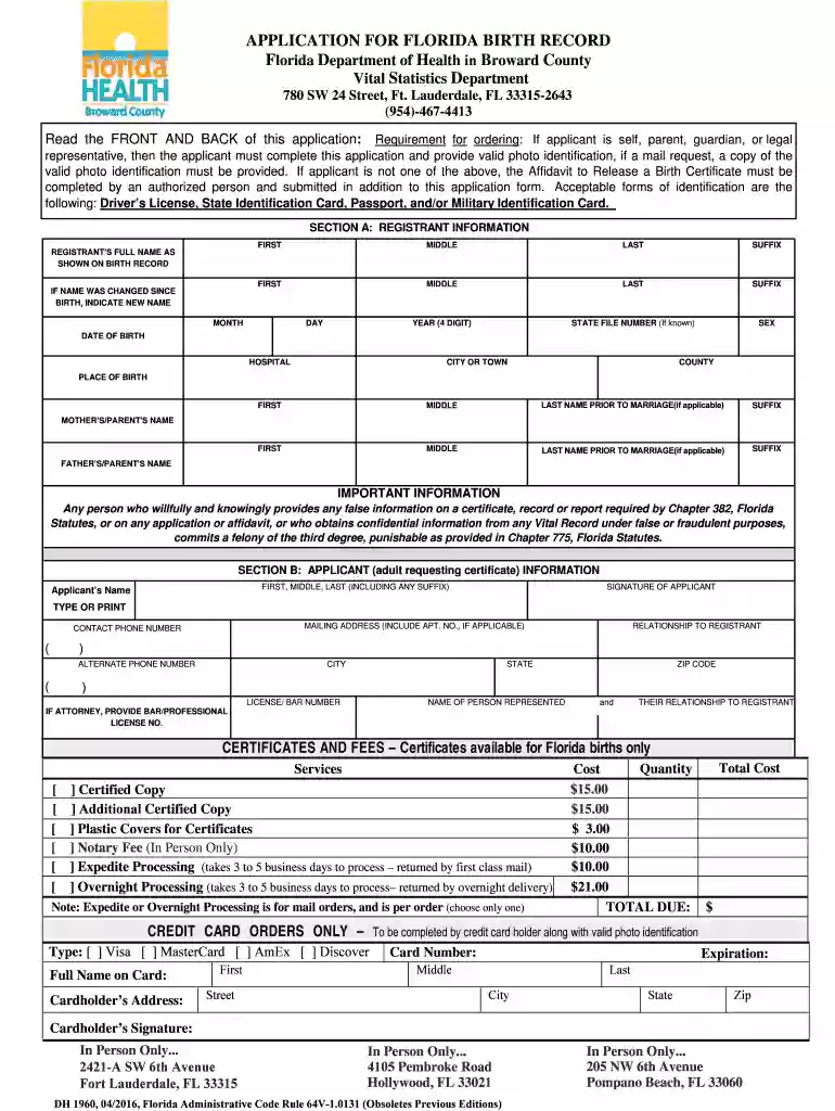APPLICATION FOR FLORIDA BIRTH RECORD - Broward County Preview on Page 1